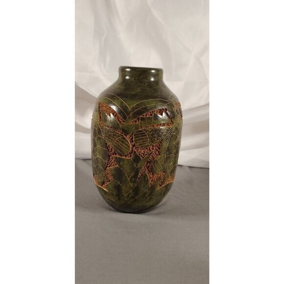 Nicaraguan Sgraffito Pottery Vase Hand Carved Etched Signed Green Sea Turtle 7" - Picture 5 of 12